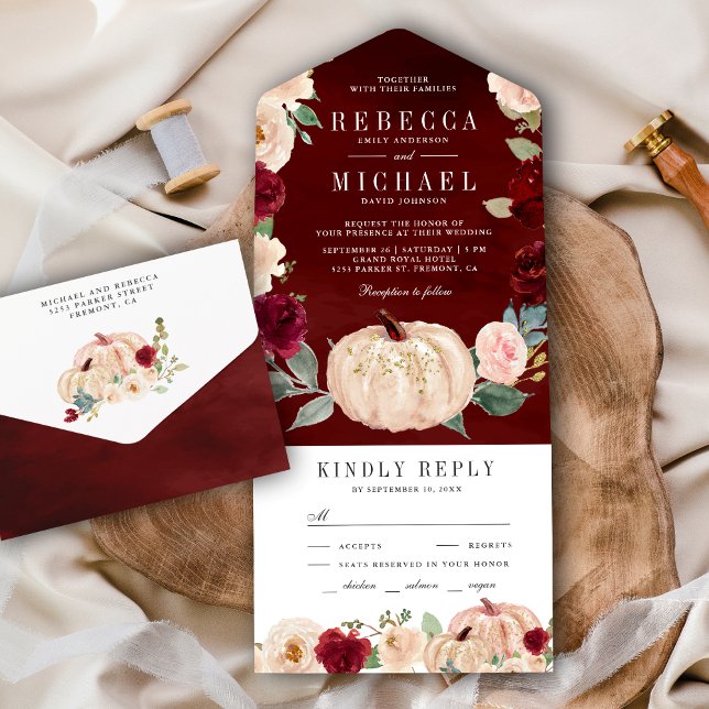 Invitación Todo En Uno Boda de calabaza floral borgoña y melocotón (Subido por el creador)