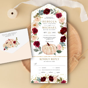 Invitación Todo En Uno Boda de calabaza floral rústica de Borgoña y meloc