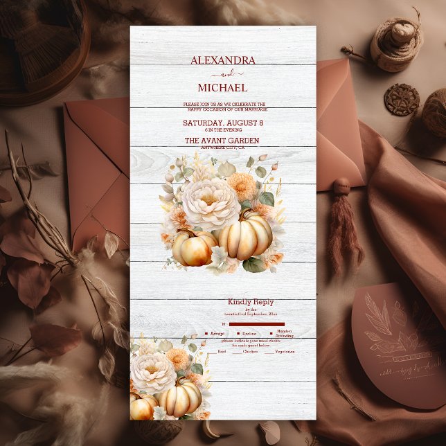 Invitación Todo En Uno Boda de calabazas Purpurina Boho White y Gold (Subido por el creador)
