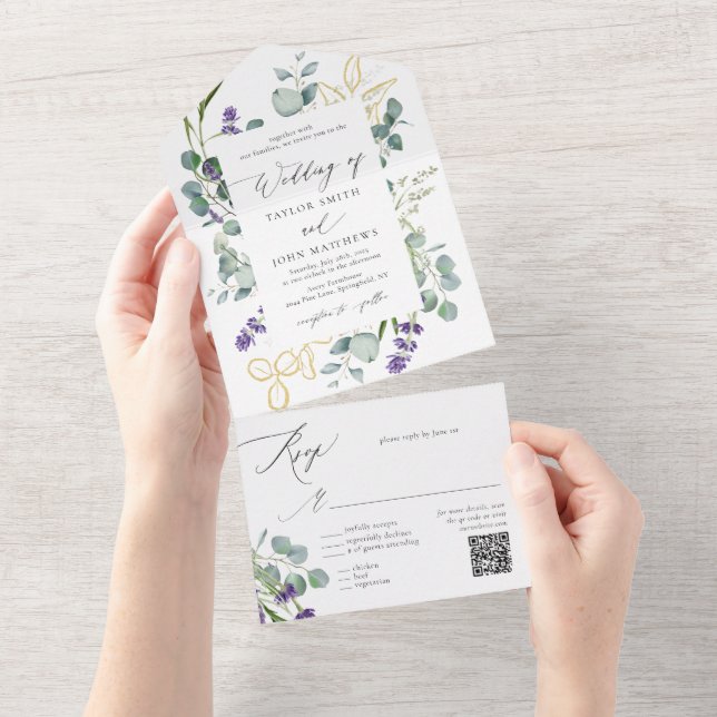 Invitación Todo En Uno Boda de caligrafía acuarela Eucalyptus Lavender (desgarro)