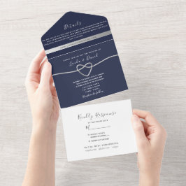 Invitación Todo En Uno Boda de caligrafía azul de la Marina