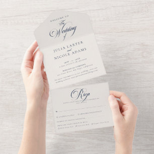 Invitación Todo En Uno Boda de caligrafía azul marfil clásico