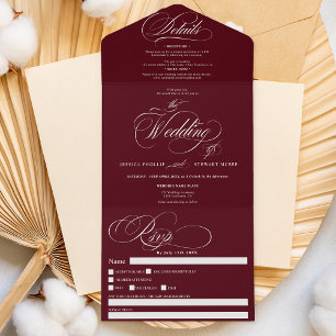 Invitación Todo En Uno Boda de caligrafía burdeos y elegante