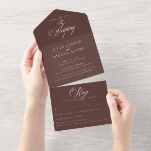 Invitación Todo En Uno Boda de Caligrafía Clásica Marrón Marfil
