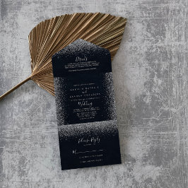 Invitación Todo En Uno Boda de caligrafía de confetti plateado