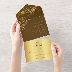 Invitación Todo En Uno Boda de caligrafía de damasco de oro marrón vintag