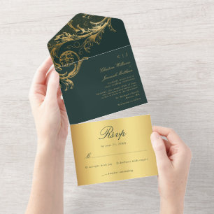 Invitación Todo En Uno Boda de caligrafía de Damasco de Oro Verde Vintage