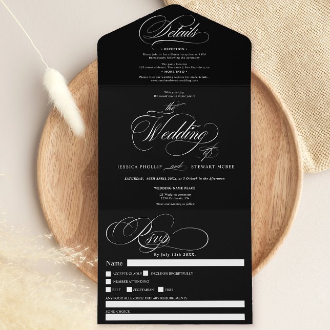 Invitación Todo En Uno Boda de caligrafía de escritura elegante y blanca (White black elegant script calligraphy wedding all in one invitation)