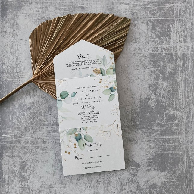 Invitación Todo En Uno Boda de caligrafía de eucalipto de oro (Subido por el creador)