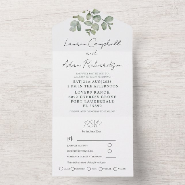 Invitación Todo En Uno Boda de caligrafía de eucalipto verde sage simple (Interior)