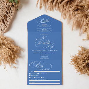 Invitación Todo En Uno Boda de caligrafía de guión elegante azul francés
