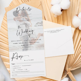 Invitación Todo En Uno Boda de caligrafía de moda blanca clásica fotográf