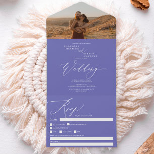 Invitación Todo En Uno Boda de caligrafía de moda fotográfica azul violet