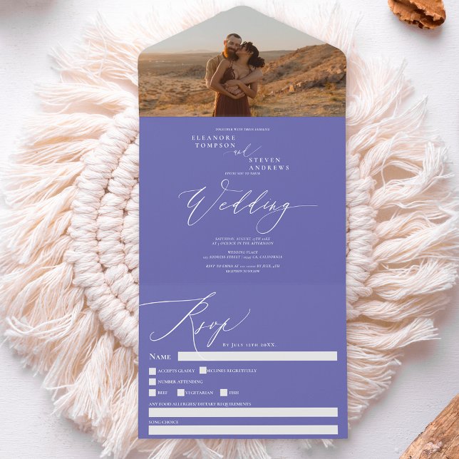 Invitación Todo En Uno Boda de caligrafía de moda fotográfica azul violet (Subido por el creador)