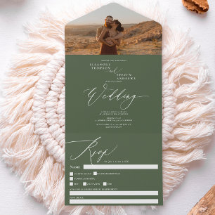 Invitación Todo En Uno Boda de caligrafía de moda fotográfica verde moder