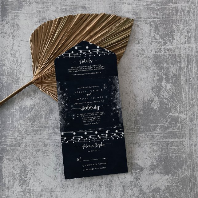 Invitación Todo En Uno Boda de caligrafía de Rustic String Lights (Subido por el creador)