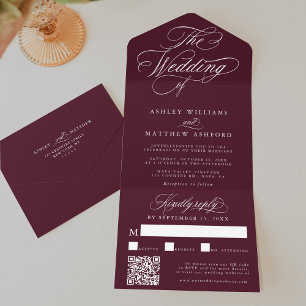 Invitación Todo En Uno Boda de caligrafía de Swirly Romantic de Borgoña