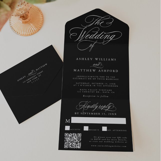 Invitación Todo En Uno Boda de caligrafía de Swirly romántica negra (Subido por el creador)