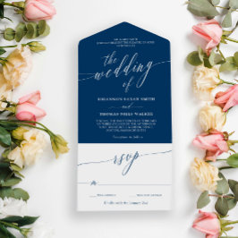Invitación Todo En Uno Boda de caligrafía delgada azul