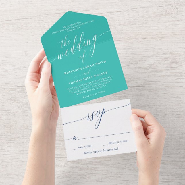 Invitación Todo En Uno Boda de caligrafía delgada blanca de la marina tur (desgarro)