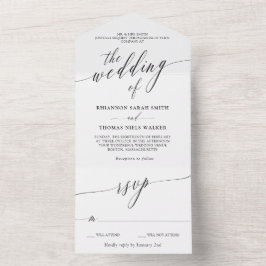 Invitación Todo En Uno Boda de caligrafía delgada en blanco negro