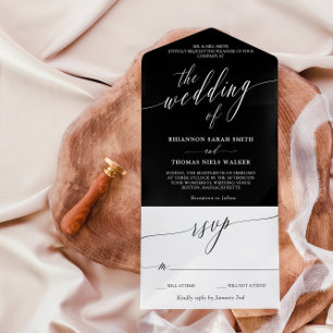 Invitación Todo En Uno Boda de caligrafía delgada en blanco negro