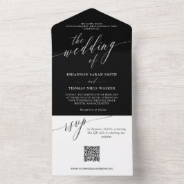 Invitación Todo En Uno Boda de caligrafía delgada en blanco negro QR RSVP
