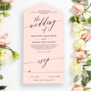 Invitación Todo En Uno Boda de caligrafía delgada rosada de Rubor negro