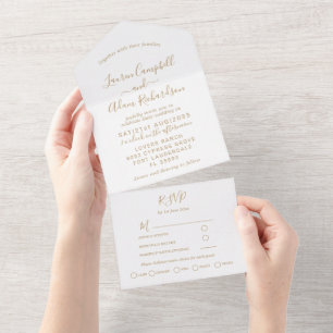 Invitación Todo En Uno Boda de Caligrafía Dorada y Blanca Simple
