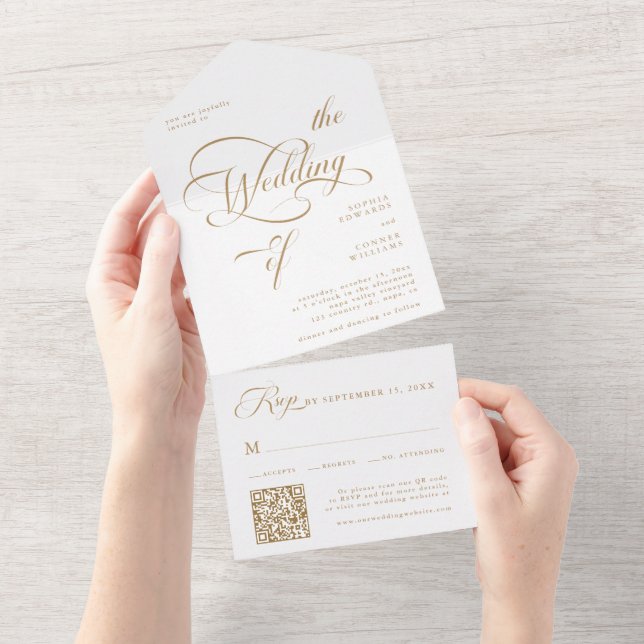 Invitación Todo En Uno Boda de caligrafía elegante dorada y blanca (desgarro)