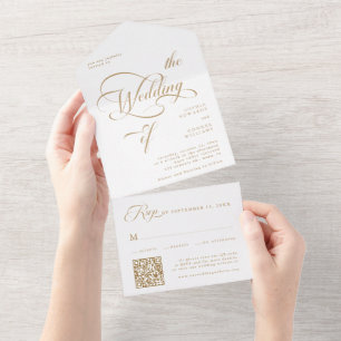 Invitación Todo En Uno Boda de caligrafía elegante dorada y blanca