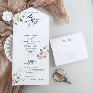 Invitación Todo En Uno Boda de Caligrafía Floral de Eucalipto
