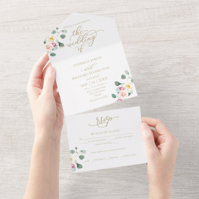 Invitación Todo En Uno Boda de caligrafía floral Eucalyptus (desgarro)