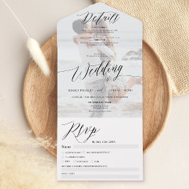 Invitación Todo En Uno boda de caligrafía fotográfica en blanco negro y m
