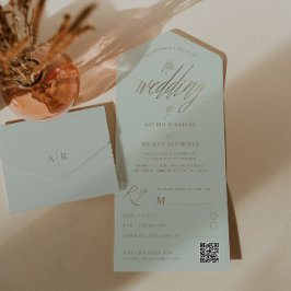 Invitación Todo En Uno Boda de caligrafía mínima de oro verde sabio y fal