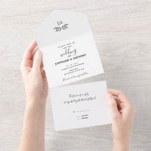 Invitación Todo En Uno Boda de caligrafía mínima de rama blanca y negra