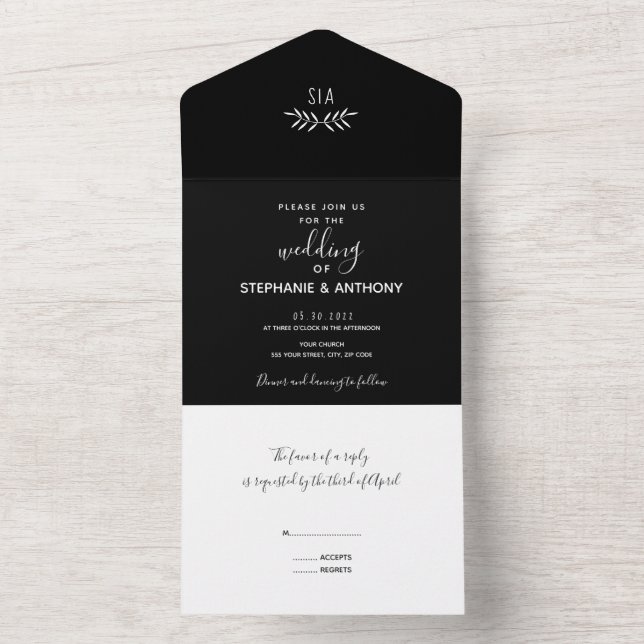 Invitación Todo En Uno Boda de caligrafía mínima de rama blanca y negra (Interior)