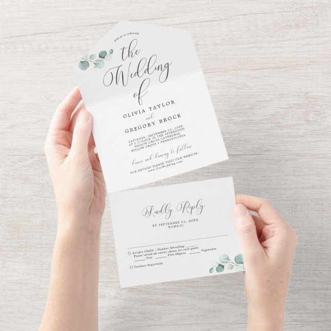 Invitación Todo En Uno Boda de caligrafía minimalista de eucalipto (desgarro)