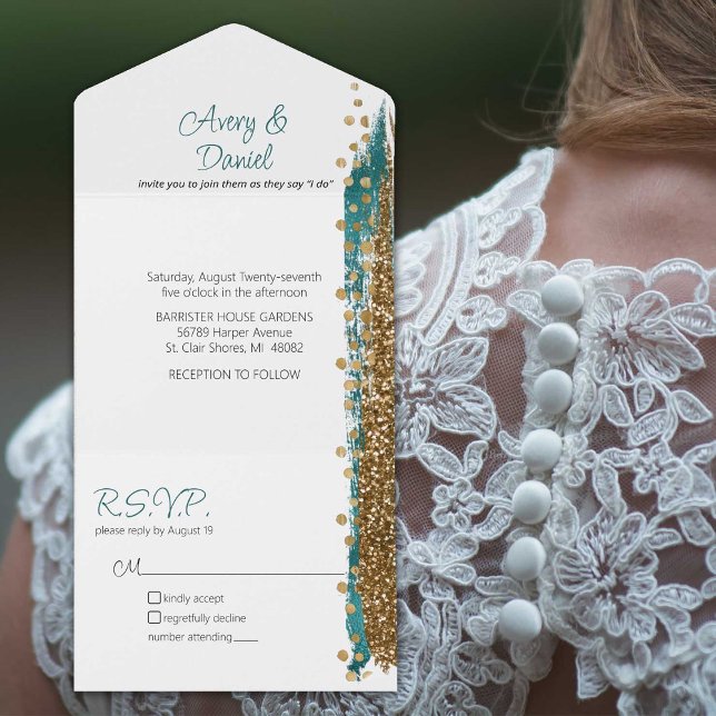 Invitación Todo En Uno Boda de caligrafía moderna de oro Verde azulado (Beautiful teak and gold edge gives a distinctly modern vibe to this all-in-one invitation)