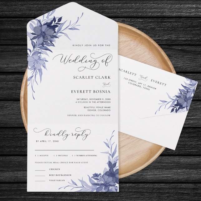 Invitación Todo En Uno Boda de caligrafía romántica floral azul de la mar (Subido por el creador)