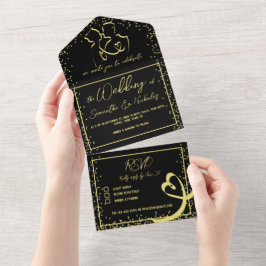 Invitación Todo En Uno Boda de caligrafía romántica negro y oro