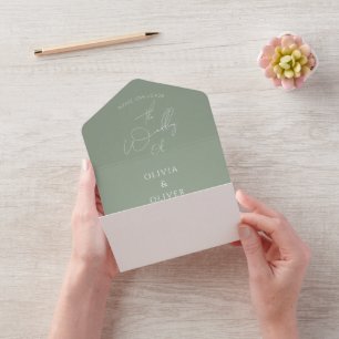 Invitación Todo En Uno boda de caligrafía verde de salvia monograma perso