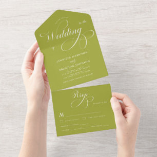Invitación Todo En Uno Boda de caligrafía verde lima formal clásica