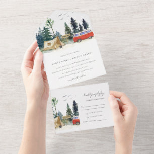 Invitación Todo En Uno Boda de camping elegante de acuarela de bosque de 