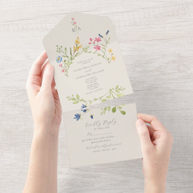 Invitación Todo En Uno Boda de Campo Boho con Flores Silvestres (desgarro)