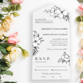 Invitación Todo En Uno Boda de carbón vegetal y flores blancas dibujadas 