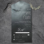 Invitación Todo En Uno Boda de cena de Dark Moody Midnight Bat & Fog<br><div class="desc">DISPONIBLE CON CÓDIGO QR O CON O SIN OPCIONES DE SELECCIÓN DE CENAS. Entrar en el reino del amor eterno y el encanto con nuestra cautivadora invitación a bodas góticas. Descubre la mística de tu historia de amor con este diseño fascinante, donde la sencillez se encuentra con la elegancia en...</div>