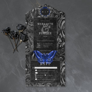 Invitación Todo En Uno Boda de Cena de Mariposa Negra Gótica Filigrana Az
