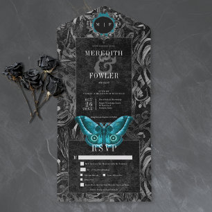 Invitación Todo En Uno Boda de Cena de Moth Filigrana Teal Negro Gótico