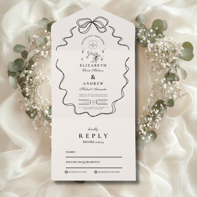 Invitación Todo En Uno Boda de Champagne Doodle con Lazo Caprichoso (Subido por el creador)